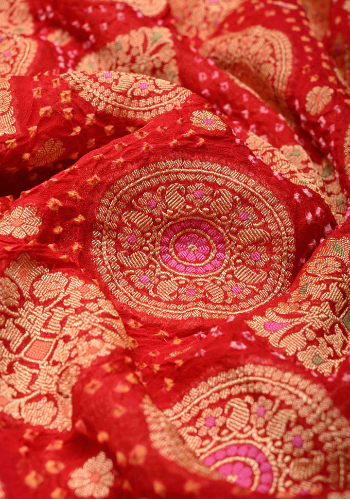 Red Authentic Meenakari  Bandhni Silk Georgette Saree with mandala and Rhombus Motifs Zari Border | SILK MARK CERTIFIED