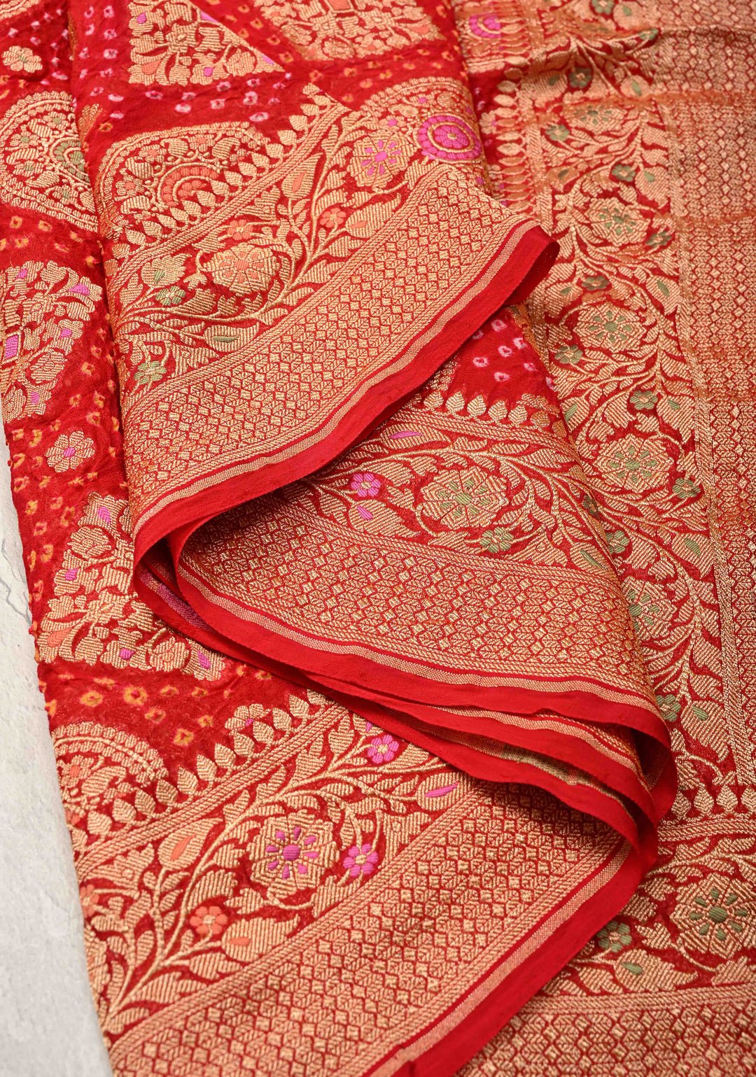 Red Authentic Meenakari  Bandhni Silk Georgette Saree with mandala and Rhombus Motifs Zari Border | SILK MARK CERTIFIED