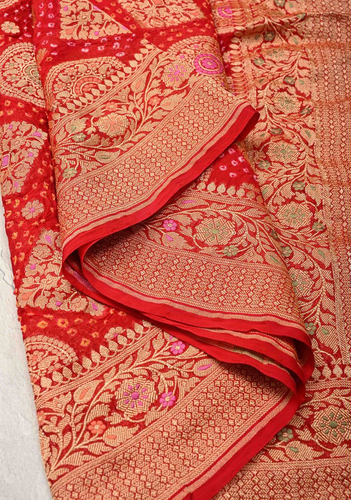 Red Authentic Meenakari  Bandhni Silk Georgette Saree with mandala and Rhombus Motifs Zari Border | SILK MARK CERTIFIED