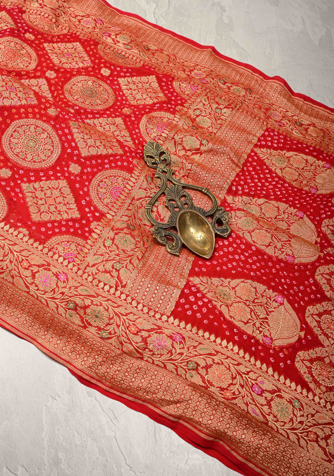Red Authentic Meenakari  Bandhni Silk Georgette Saree with mandala and Rhombus Motifs Zari Border | SILK MARK CERTIFIED