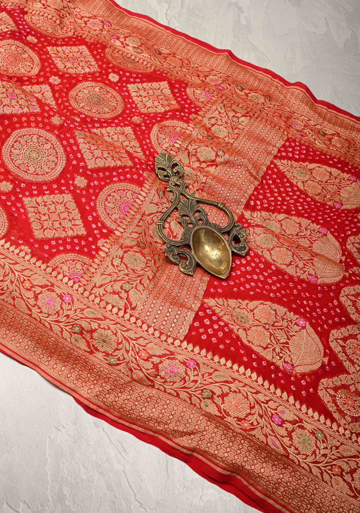Red Authentic Meenakari  Bandhni Silk Georgette Saree with mandala and Rhombus Motifs Zari Border | SILK MARK CERTIFIED