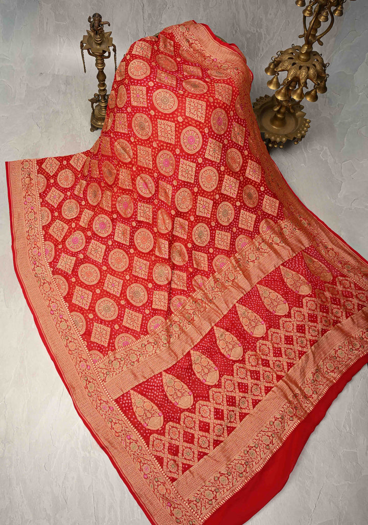 Red Authentic Meenakari  Bandhni Silk Georgette Saree with mandala and Rhombus Motifs Zari Border | SILK MARK CERTIFIED