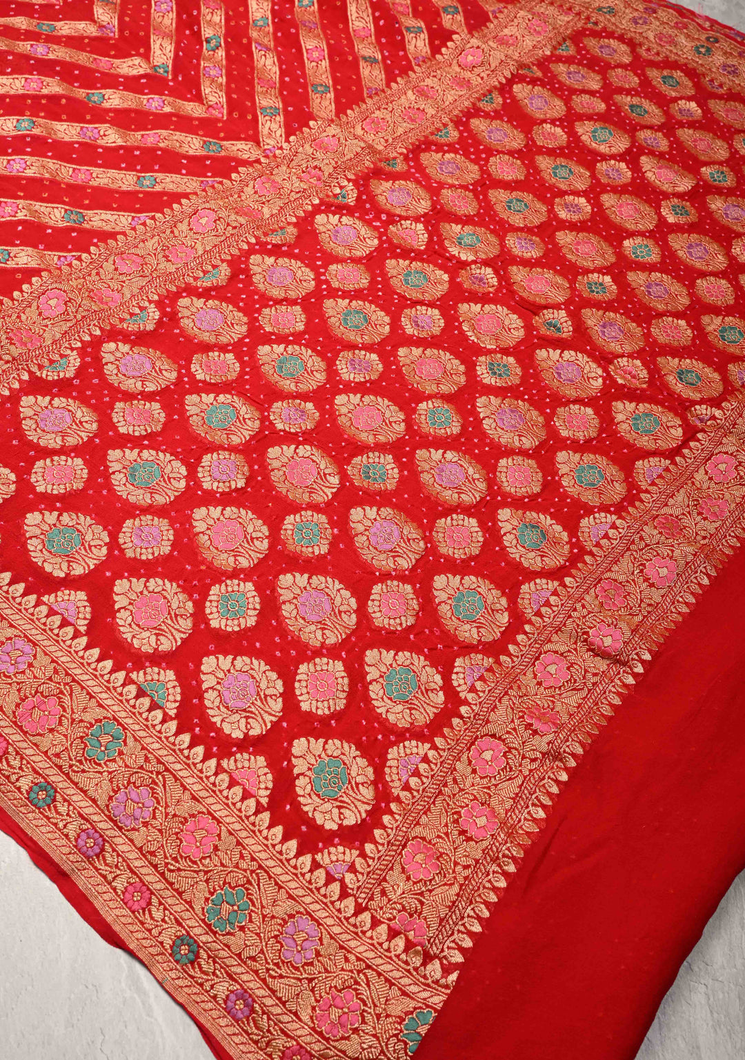Bright Red Meenakari on Authentic Hand Bandhej Banarasi Silk Georgette Saree with Diamond Design and Zari Border | SILK MARK CERTIFIED | SHOBITAM