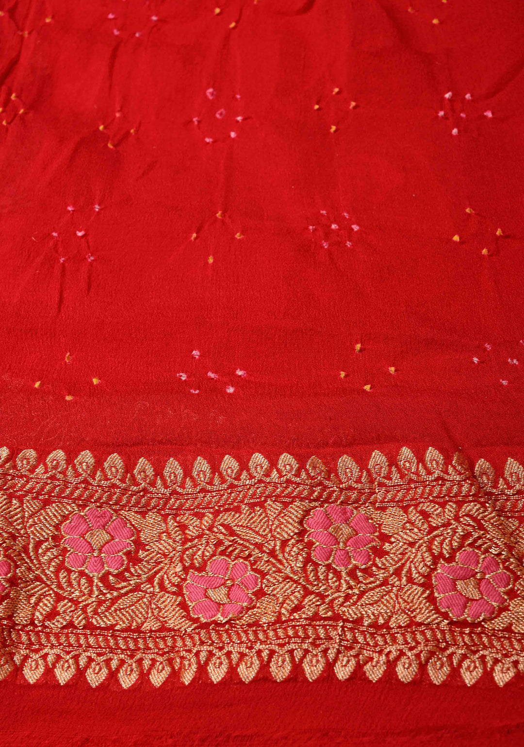 Bright Red Meenakari on Authentic Hand Bandhej Banarasi Silk Georgette Saree with Diamond Design and Zari Border | SILK MARK CERTIFIED | SHOBITAM