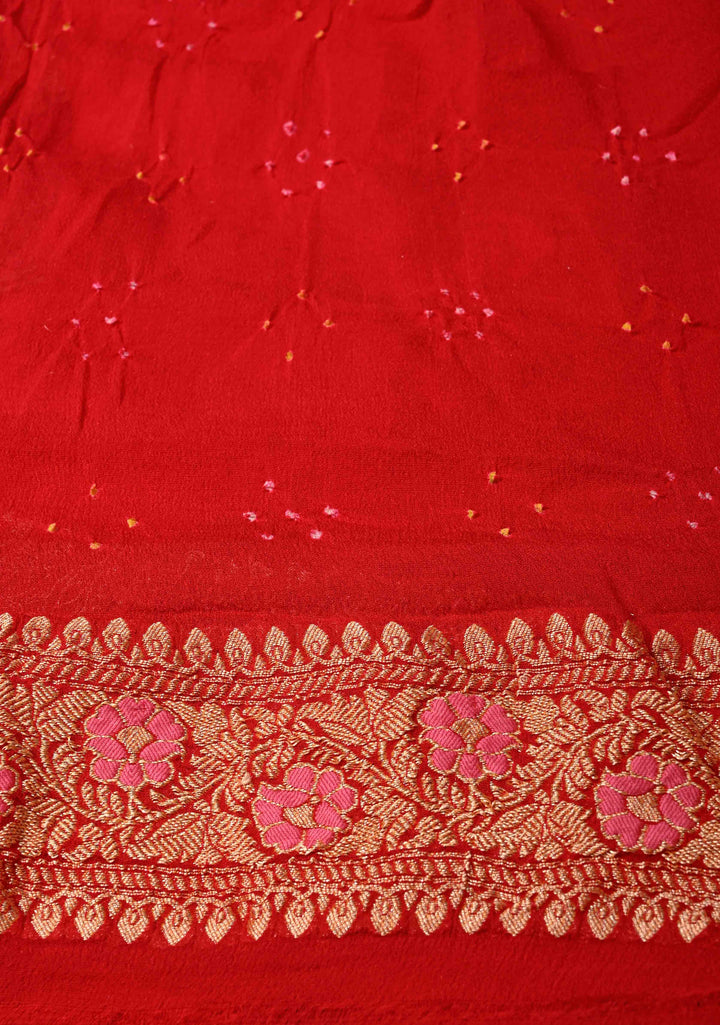 Bright Red Meenakari on Authentic Hand Bandhej Banarasi Silk Georgette Saree with Diamond Design and Zari Border | SILK MARK CERTIFIED | SHOBITAM