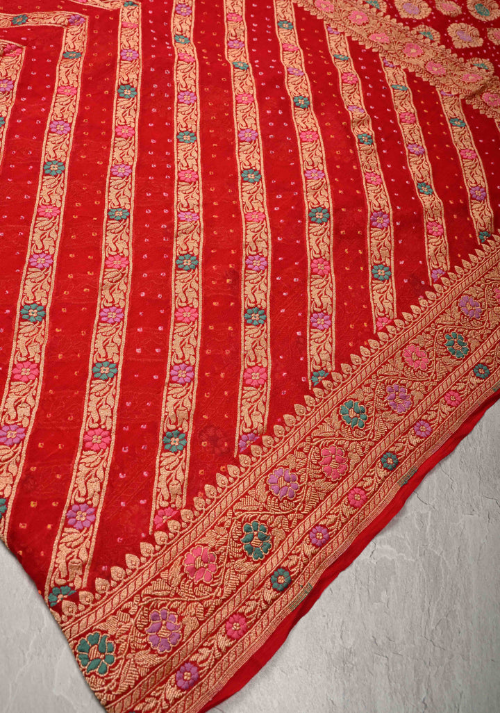 Bright Red Meenakari on Authentic Hand Bandhej Banarasi Silk Georgette Saree with Diamond Design and Zari Border | SILK MARK CERTIFIED | SHOBITAM
