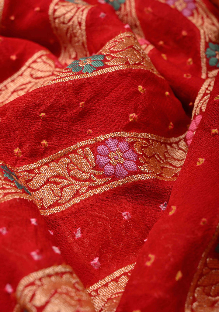 Bright Red Meenakari on Authentic Hand Bandhej Banarasi Silk Georgette Saree with Diamond Design and Zari Border | SILK MARK CERTIFIED | SHOBITAM