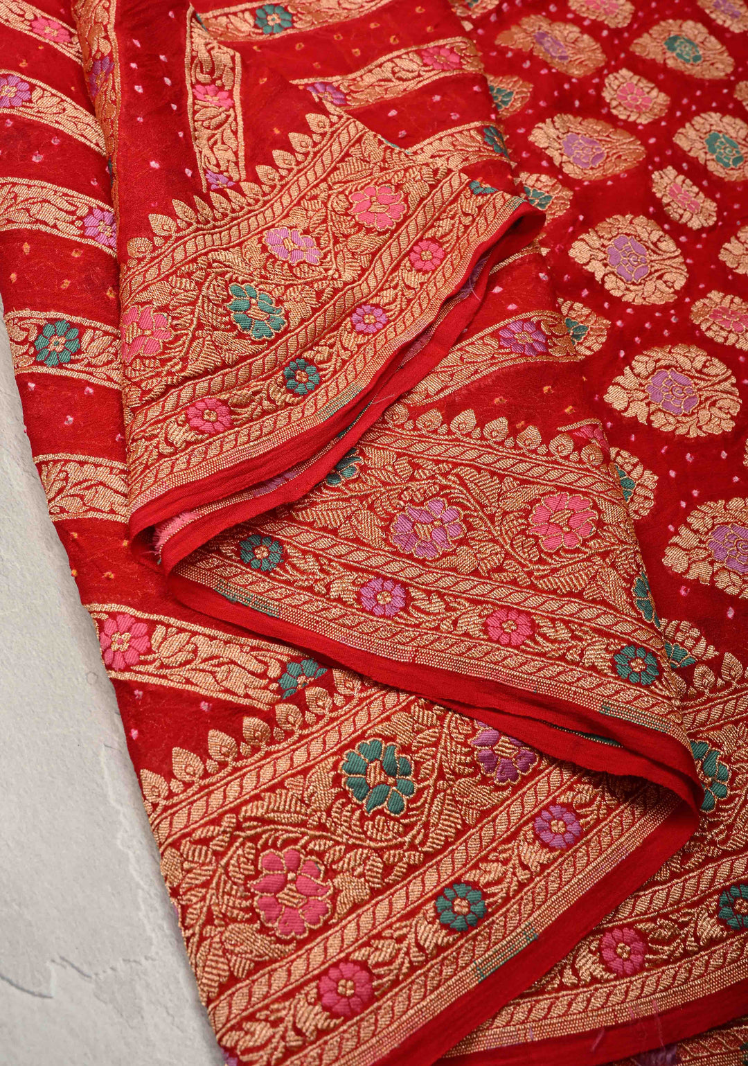 Bright Red Meenakari on Authentic Hand Bandhej Banarasi Silk Georgette Saree with Diamond Design and Zari Border | SILK MARK CERTIFIED | SHOBITAM