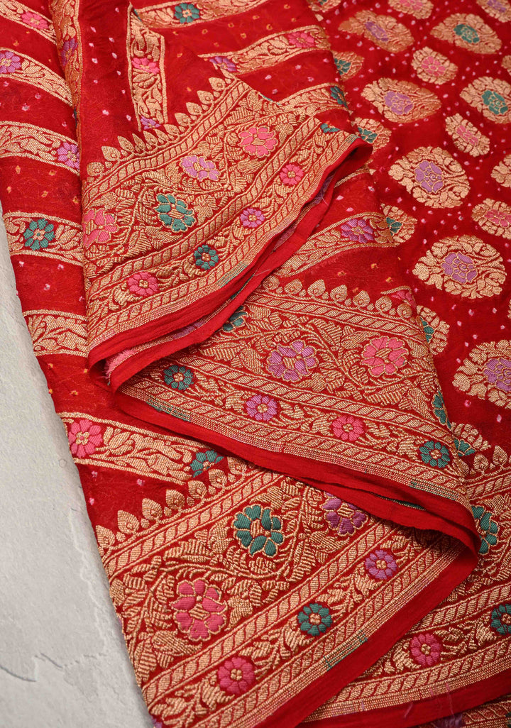 Bright Red Meenakari on Authentic Hand Bandhej Banarasi Silk Georgette Saree with Diamond Design and Zari Border | SILK MARK CERTIFIED | SHOBITAM
