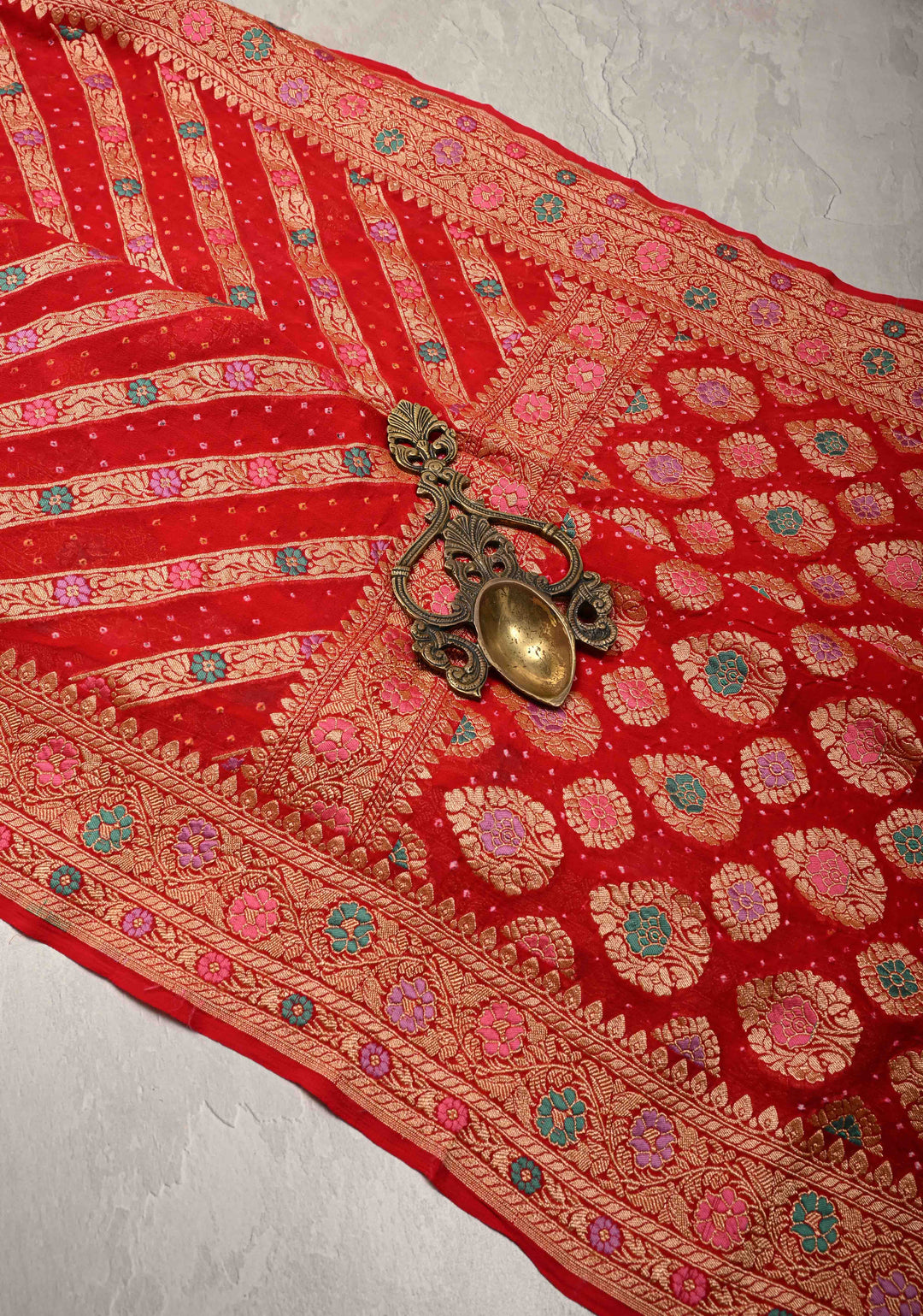 Bright Red Meenakari on Authentic Hand Bandhej Banarasi Silk Georgette Saree with Diamond Design and Zari Border | SILK MARK CERTIFIED | SHOBITAM