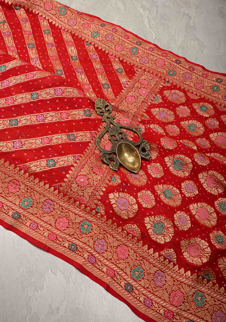 Bright Red Meenakari on Authentic Hand Bandhej Banarasi Silk Georgette Saree with Diamond Design and Zari Border | SILK MARK CERTIFIED | SHOBITAM