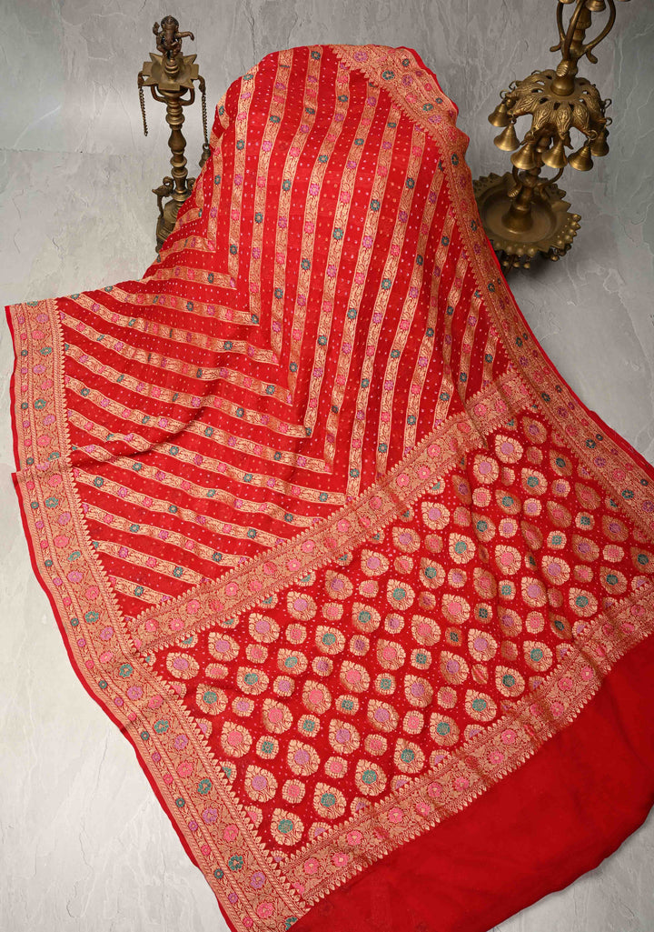 Bright Red Meenakari on Authentic Hand Bandhej Banarasi Silk Georgette Saree with Diamond Design and Zari Border | SILK MARK CERTIFIED | SHOBITAM