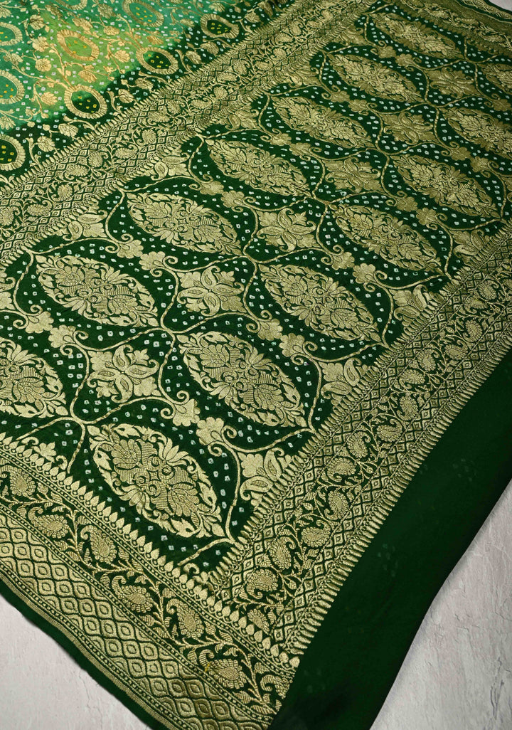 Authentic Rainbow Hand Bandhej Banarasi Jaal Silk Georgette Saree with Green Pallu Zari Border | SILK MARK CERTIFIED