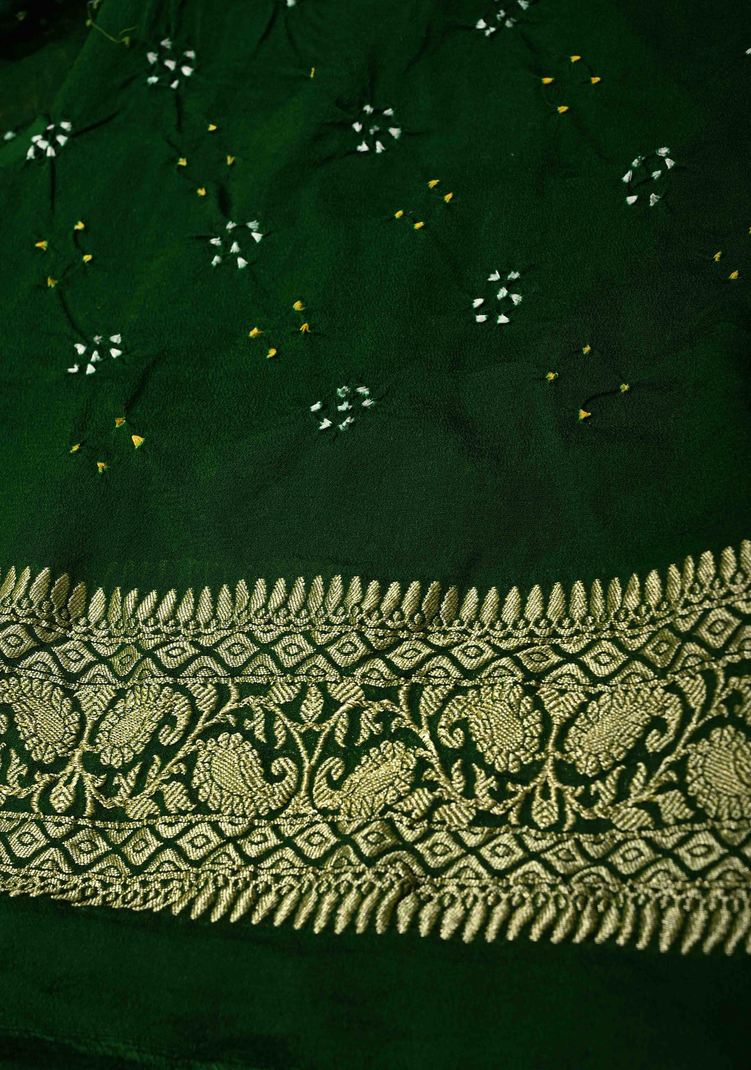 Authentic Rainbow Hand Bandhej Banarasi Jaal Silk Georgette Saree with Green Pallu Zari Border | SILK MARK CERTIFIED