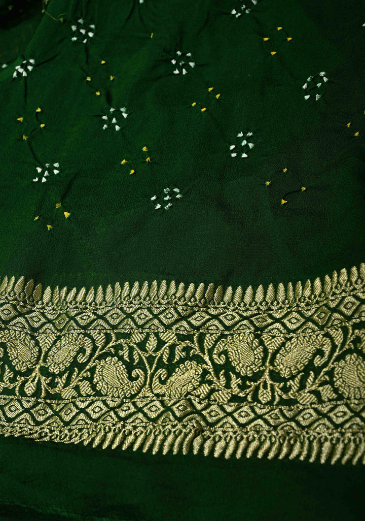 Authentic Rainbow Hand Bandhej Banarasi Jaal Silk Georgette Saree with Green Pallu Zari Border | SILK MARK CERTIFIED