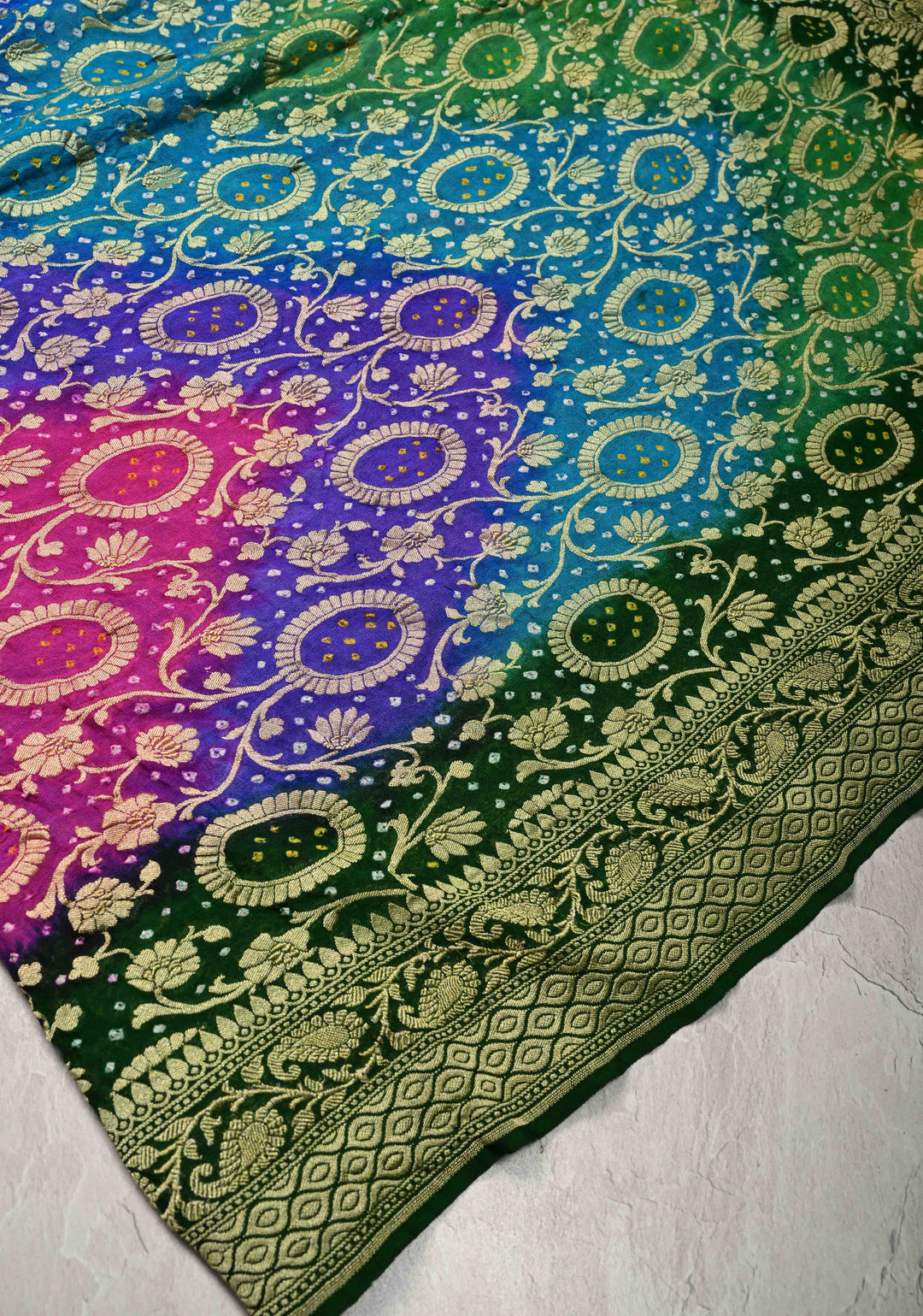 Authentic Rainbow Hand Bandhej Banarasi Jaal Silk Georgette Saree with Green Pallu Zari Border | SILK MARK CERTIFIED