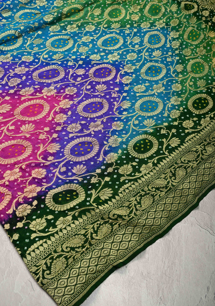 Authentic Rainbow Hand Bandhej Banarasi Jaal Silk Georgette Saree with Green Pallu Zari Border | SILK MARK CERTIFIED