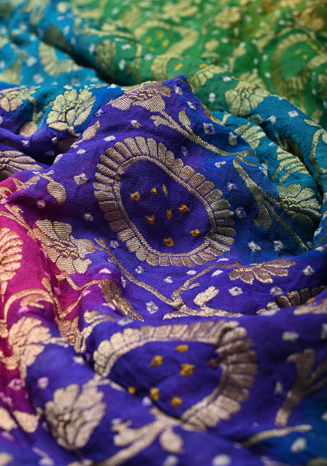 Authentic Rainbow Hand Bandhej Banarasi Jaal Silk Georgette Saree with Green Pallu Zari Border | SILK MARK CERTIFIED