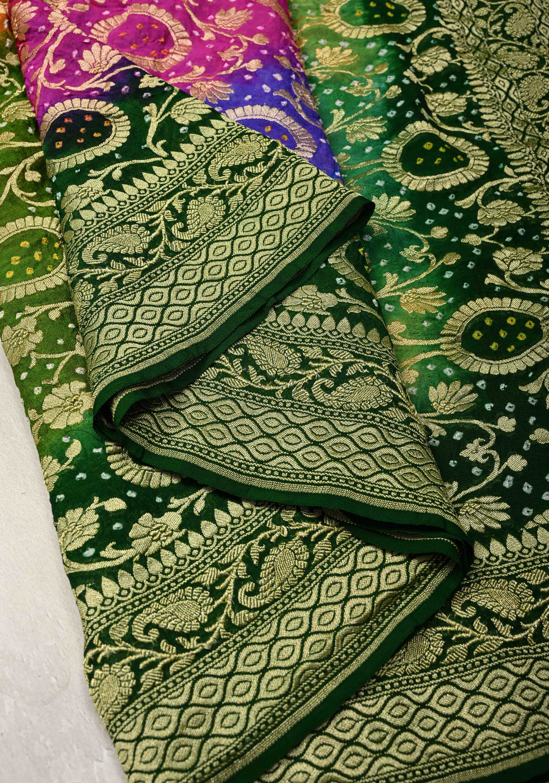 Authentic Rainbow Hand Bandhej Banarasi Jaal Silk Georgette Saree with Green Pallu Zari Border | SILK MARK CERTIFIED