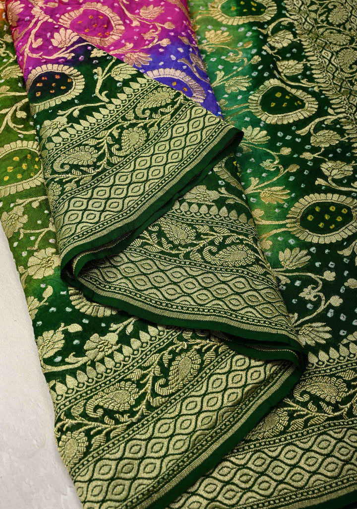 Authentic Rainbow Hand Bandhej Banarasi Jaal Silk Georgette Saree with Green Pallu Zari Border | SILK MARK CERTIFIED