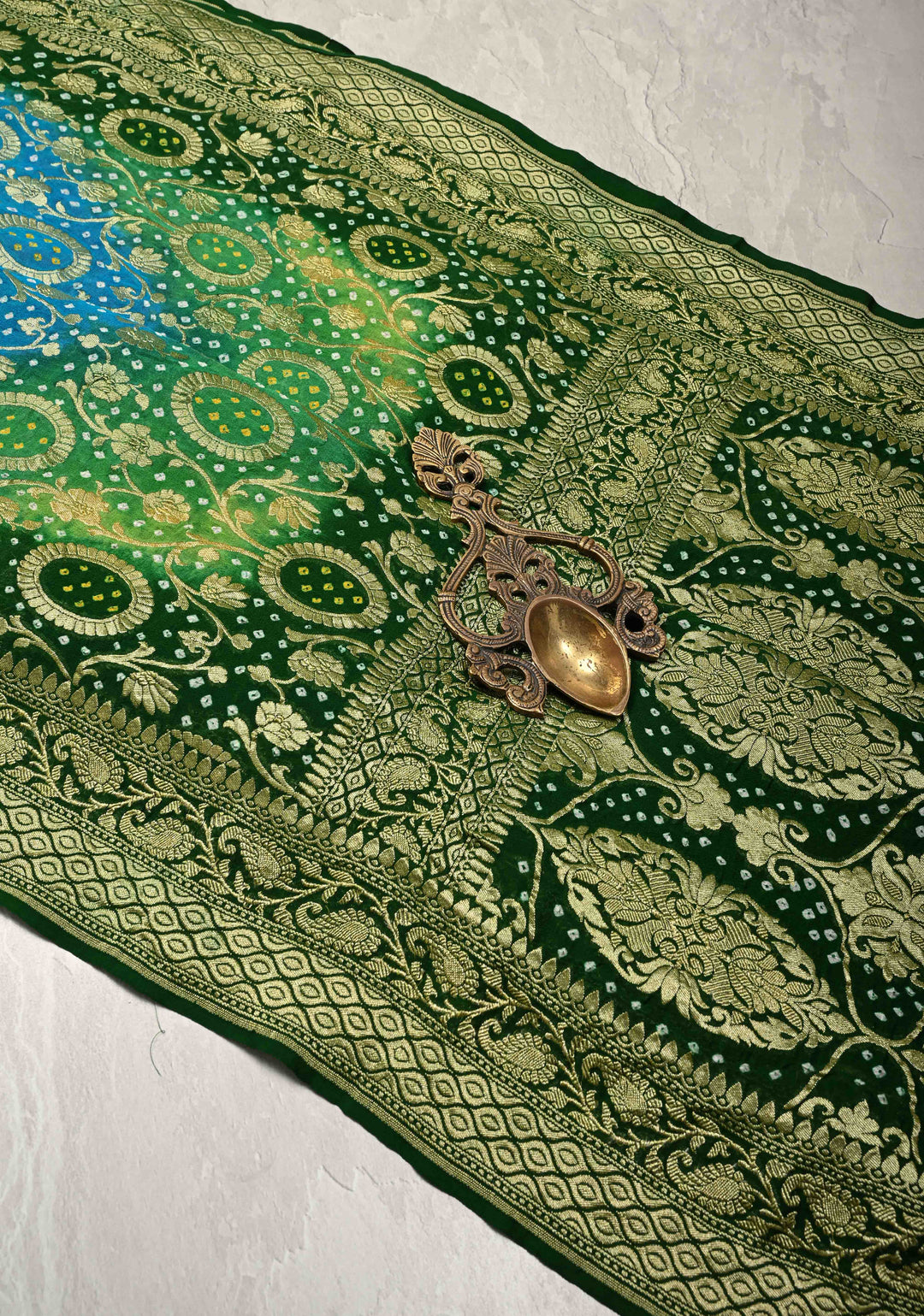 Authentic Rainbow Hand Bandhej Banarasi Jaal Silk Georgette Saree with Green Pallu Zari Border | SILK MARK CERTIFIED