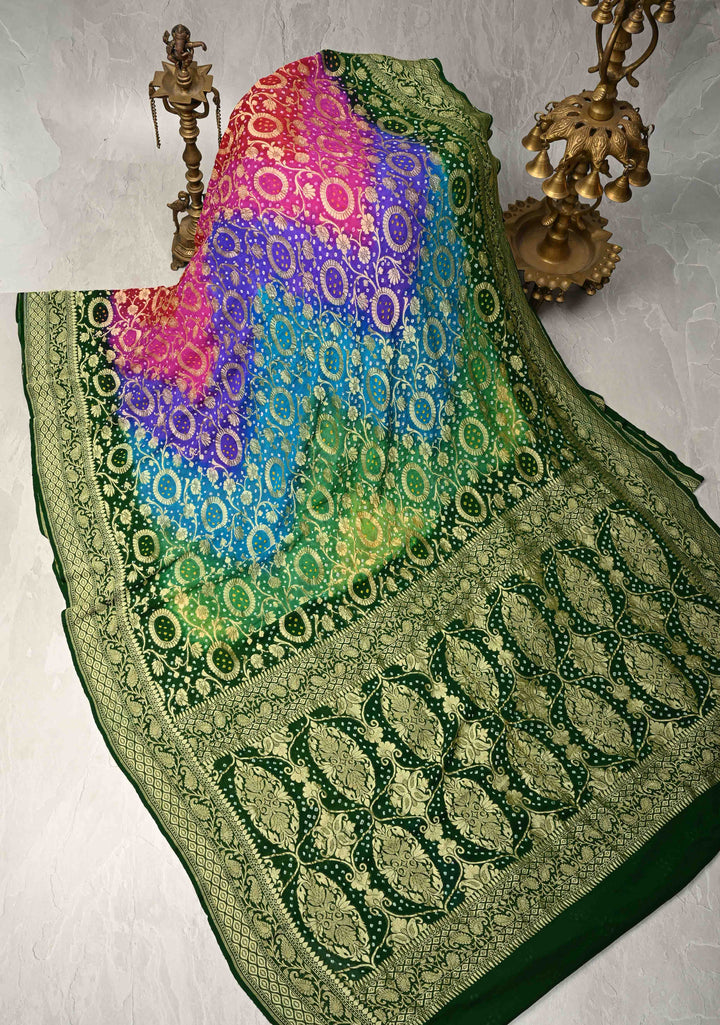 Authentic Rainbow Hand Bandhej Banarasi Jaal Silk Georgette Saree with Green Pallu Zari Border | SILK MARK CERTIFIED
