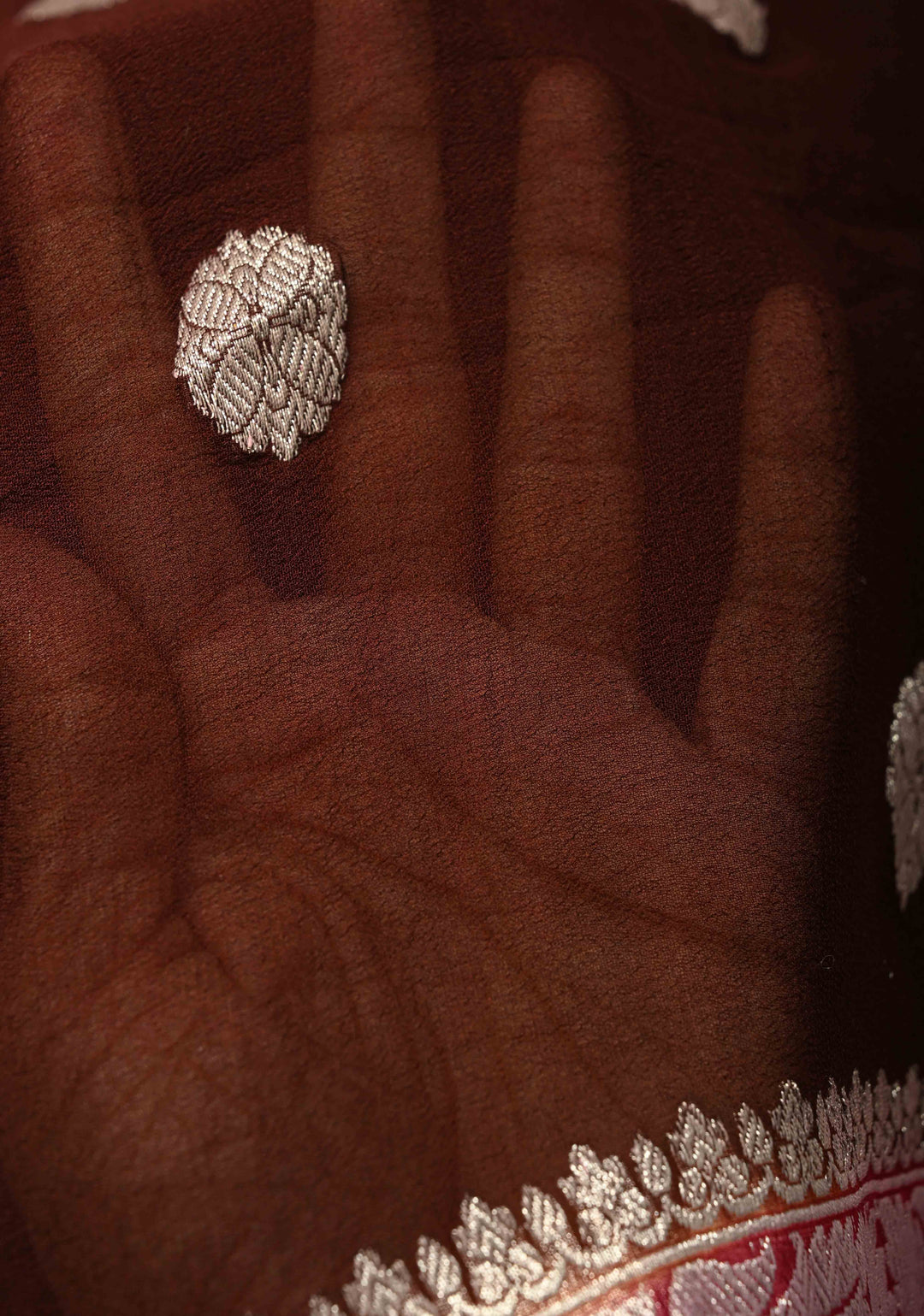 Coco Brown  Banarasi Chiffon Silk Saree with Silver Tone Zari Buttas and Zari Border | SILK MARK CERTIFIED