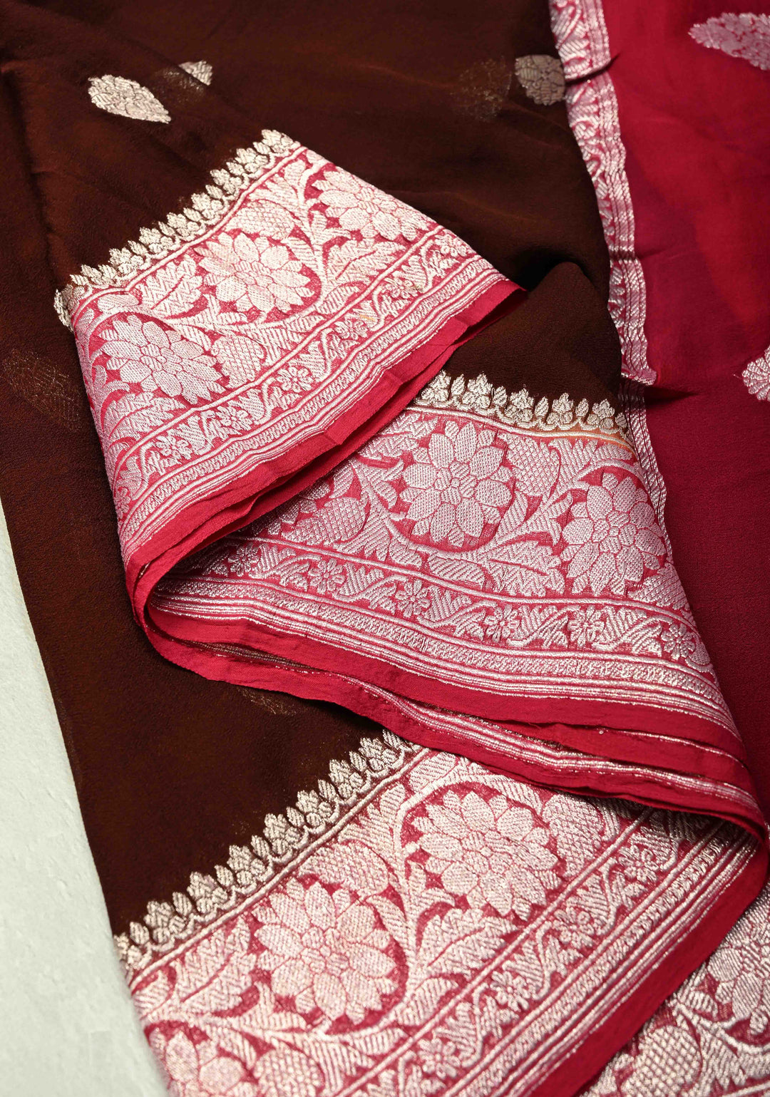 Coco Brown  Banarasi Chiffon Silk Saree with Silver Tone Zari Buttas and Zari Border | SILK MARK CERTIFIED