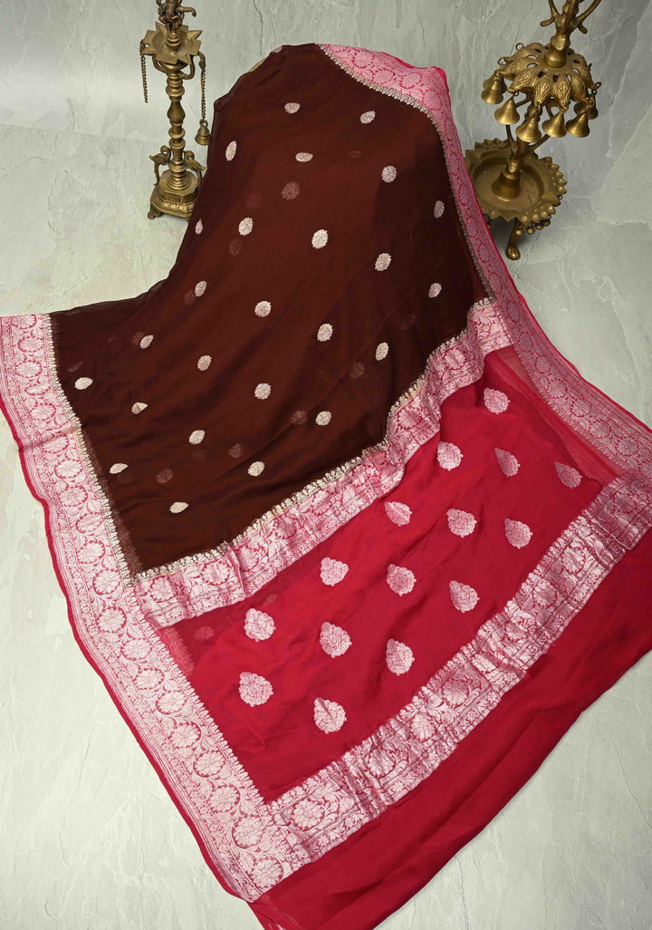 Coco Brown  Banarasi Chiffon Silk Saree with Silver Tone Zari Buttas and Zari Border | SILK MARK CERTIFIED