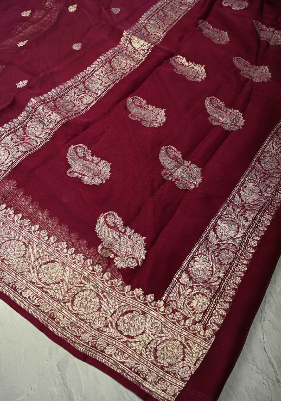 Maroon Banarasi Chiffon Silk Saree with Silver Tone Zari Buttas and Zari Border| SILK MARK CERTIFIED