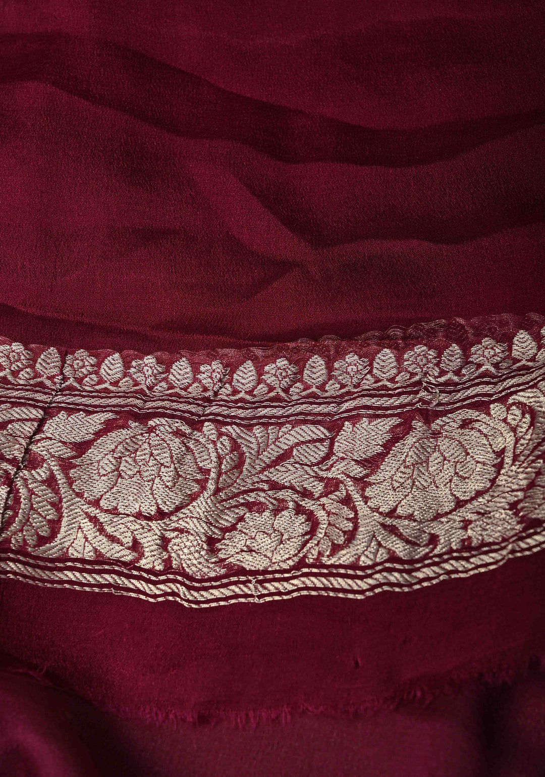 Maroon Banarasi Chiffon Silk Saree with Silver Tone Zari Buttas and Zari Border| SILK MARK CERTIFIED