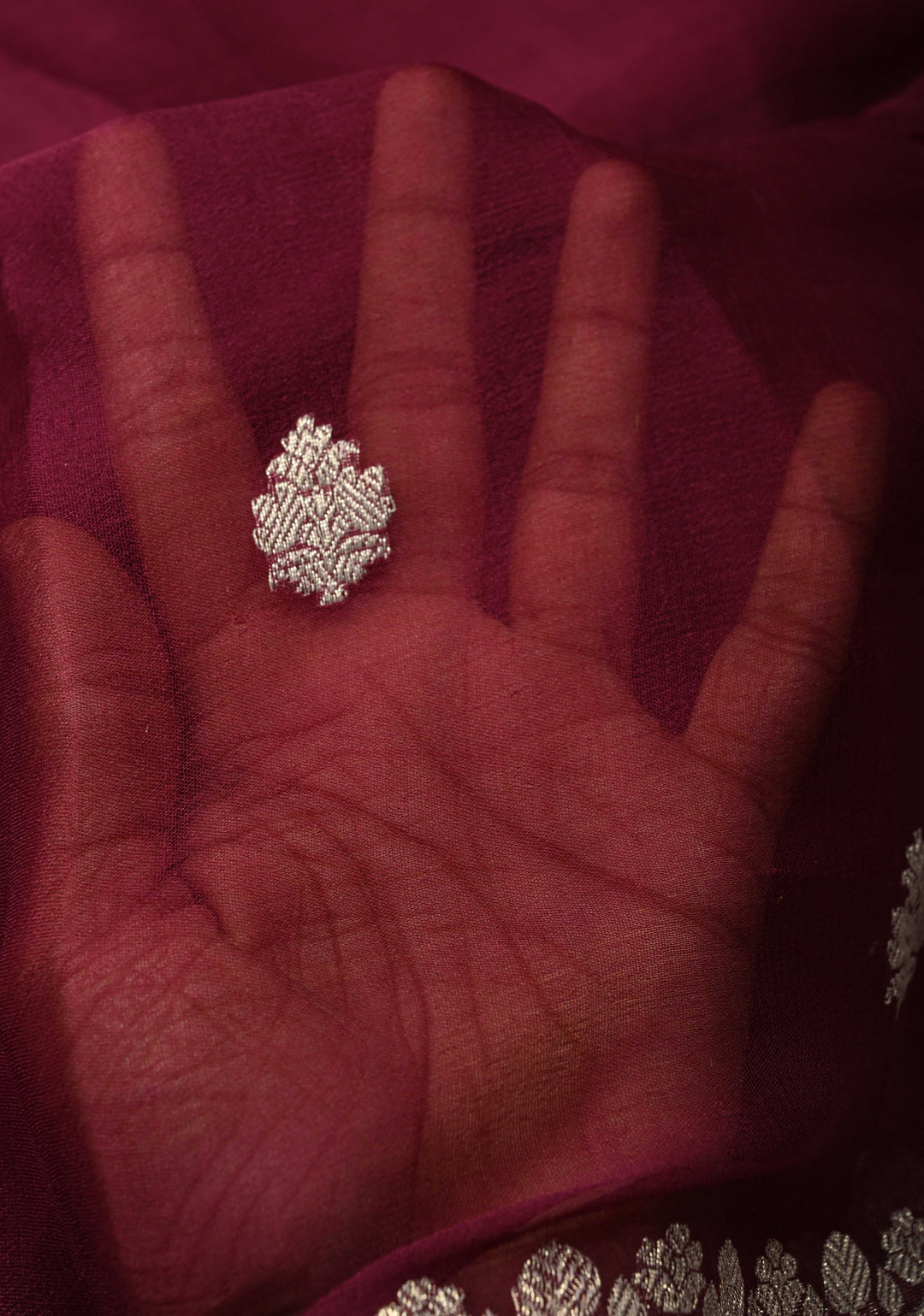 Maroon Banarasi Chiffon Silk Saree with Silver Tone Zari Buttas and Zari Border| SILK MARK CERTIFIED