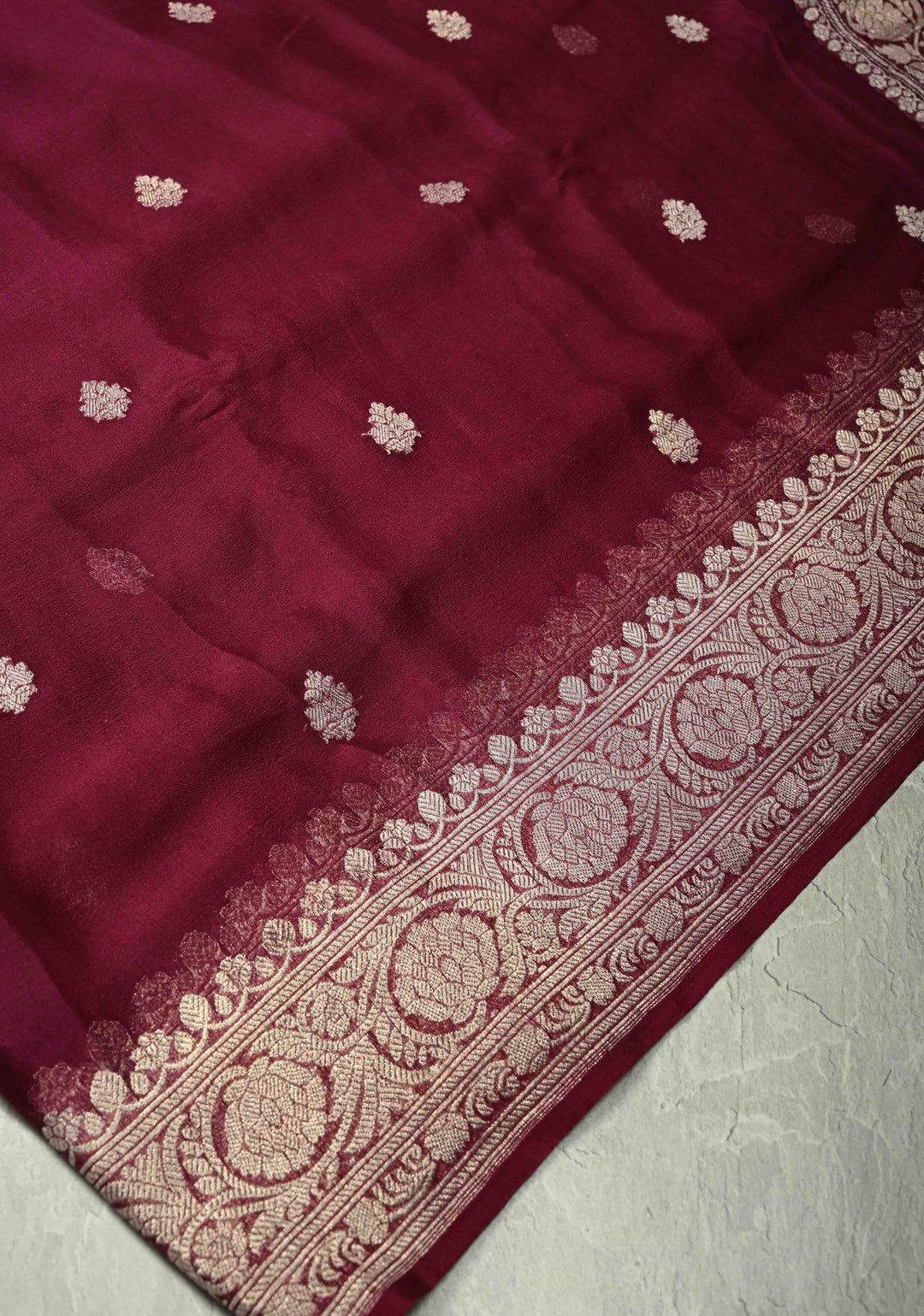 Maroon Banarasi Chiffon Silk Saree with Silver Tone Zari Buttas and Zari Border| SILK MARK CERTIFIED
