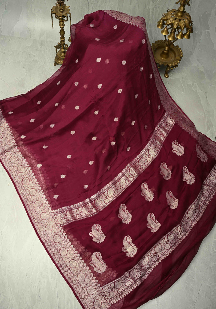 Maroon Banarasi Chiffon Silk Saree with Silver Tone Zari Buttas and Zari Border| SILK MARK CERTIFIED
