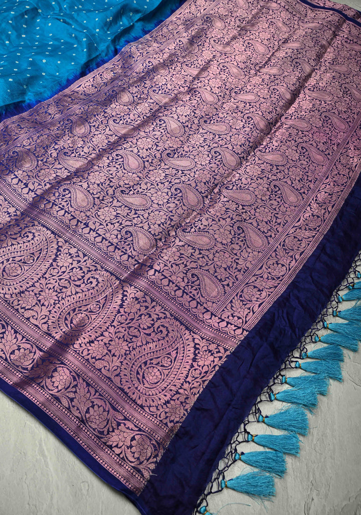 Blue Kanjivaram Fusion Hand Bandhni Saree and Wide Zari Border | SILK MARK CERTIFIED