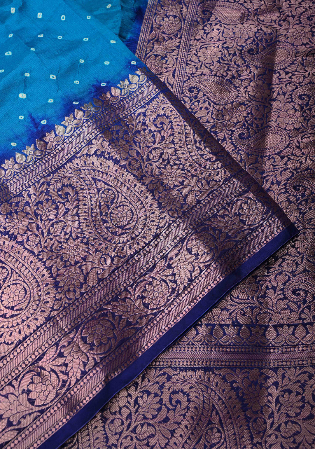 Blue Kanjivaram Fusion Hand Bandhni Saree and Wide Zari Border | SILK MARK CERTIFIED