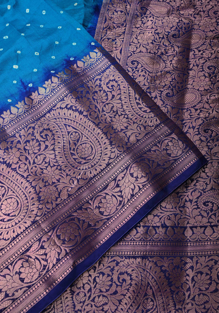 Blue Kanjivaram Fusion Hand Bandhni Saree and Wide Zari Border | SILK MARK CERTIFIED