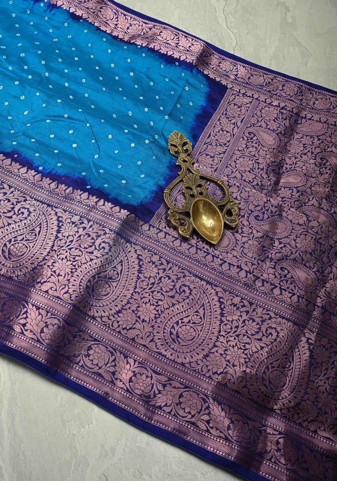 Blue Kanjivaram Fusion Hand Bandhni Saree and Wide Zari Border | SILK MARK CERTIFIED