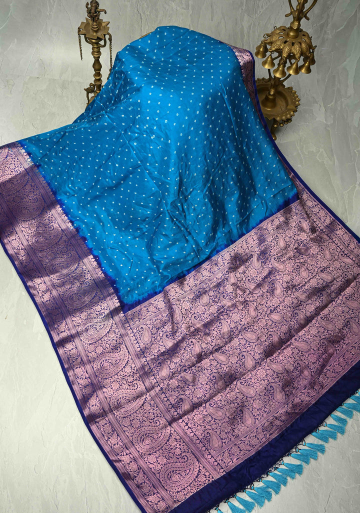 Blue Kanjivaram Fusion Hand Bandhni Saree and Wide Zari Border | SILK MARK CERTIFIED