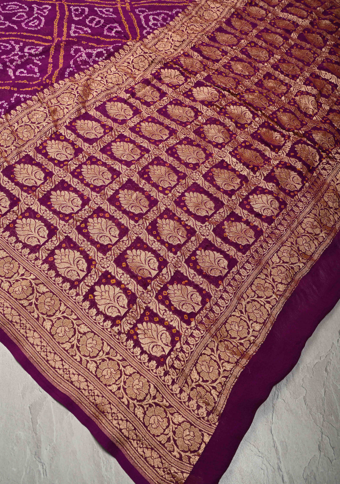 Sarkam Bandhni and Jaal Banarasi Half and Half Pattern pure Silk Georgette Saree in Purple and Pink | SILK MARK CERTIFIED