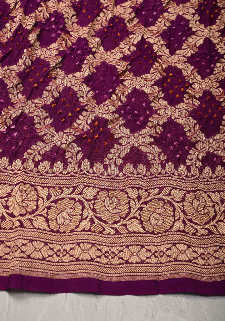 Sarkam Bandhni and Jaal Banarasi Half and Half Pattern pure Silk Georgette Saree in Purple and Pink | SILK MARK CERTIFIED