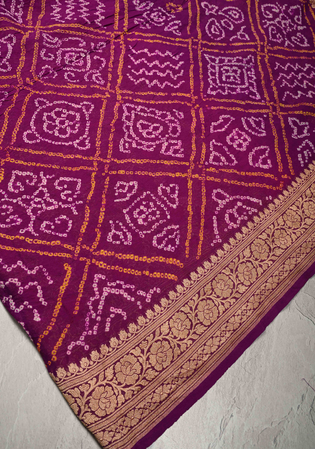 Sarkam Bandhni and Jaal Banarasi Half and Half Pattern pure Silk Georgette Saree in Purple and Pink | SILK MARK CERTIFIED