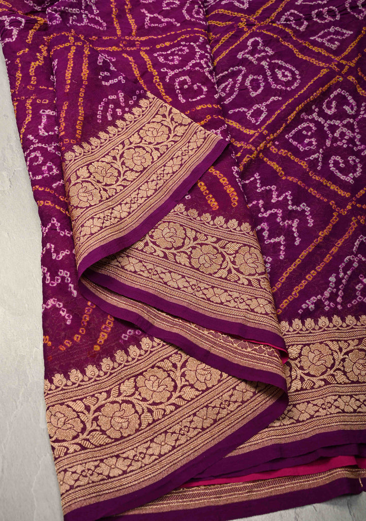 Sarkam Bandhni and Jaal Banarasi Half and Half Pattern pure Silk Georgette Saree in Purple and Pink | SILK MARK CERTIFIED