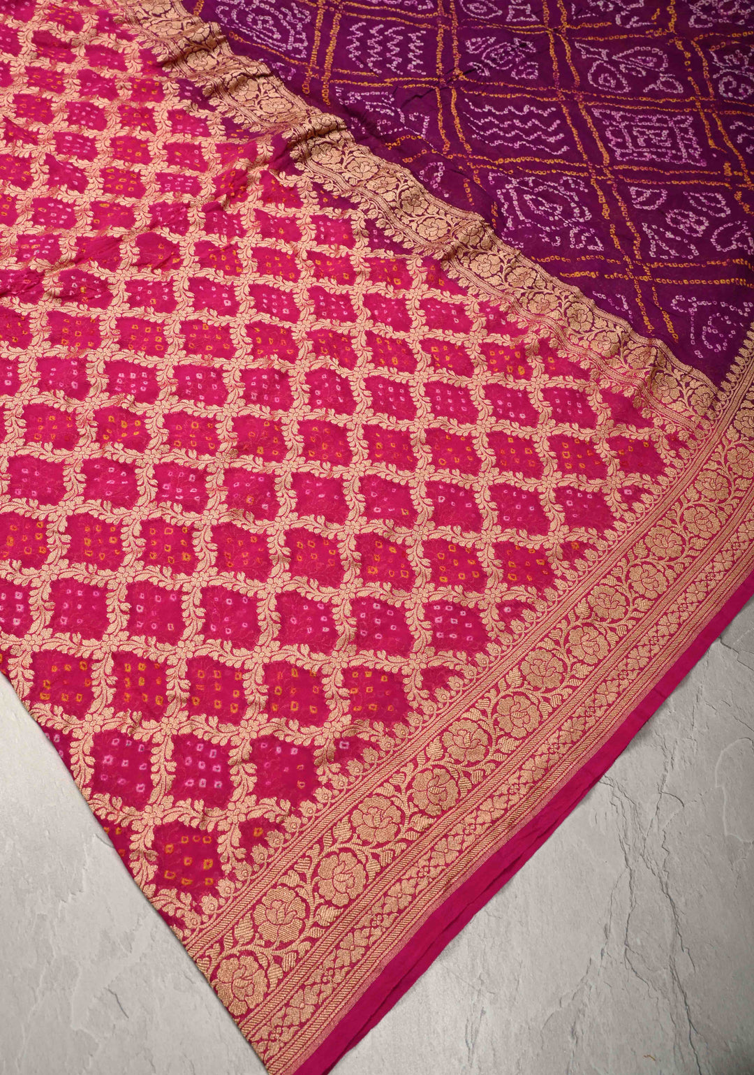 Sarkam Bandhni and Jaal Banarasi Half and Half Pattern pure Silk Georgette Saree in Purple and Pink | SILK MARK CERTIFIED