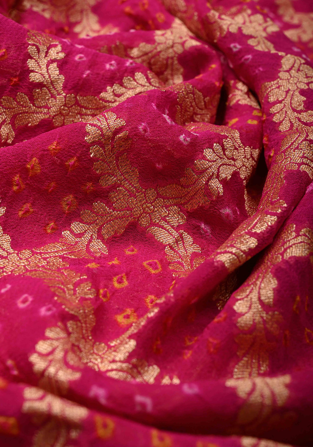 Sarkam Bandhni and Jaal Banarasi Half and Half Pattern pure Silk Georgette Saree in Purple and Pink | SILK MARK CERTIFIED