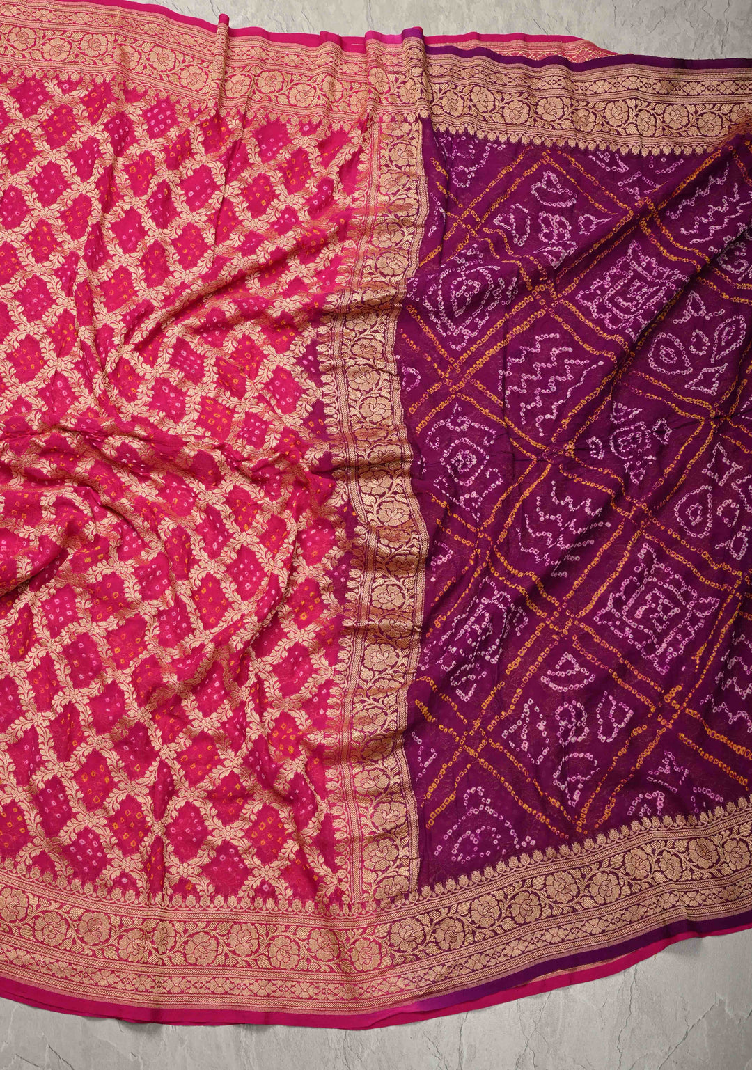 Sarkam Bandhni and Jaal Banarasi Half and Half Pattern pure Silk Georgette Saree in Purple and Pink | SILK MARK CERTIFIED