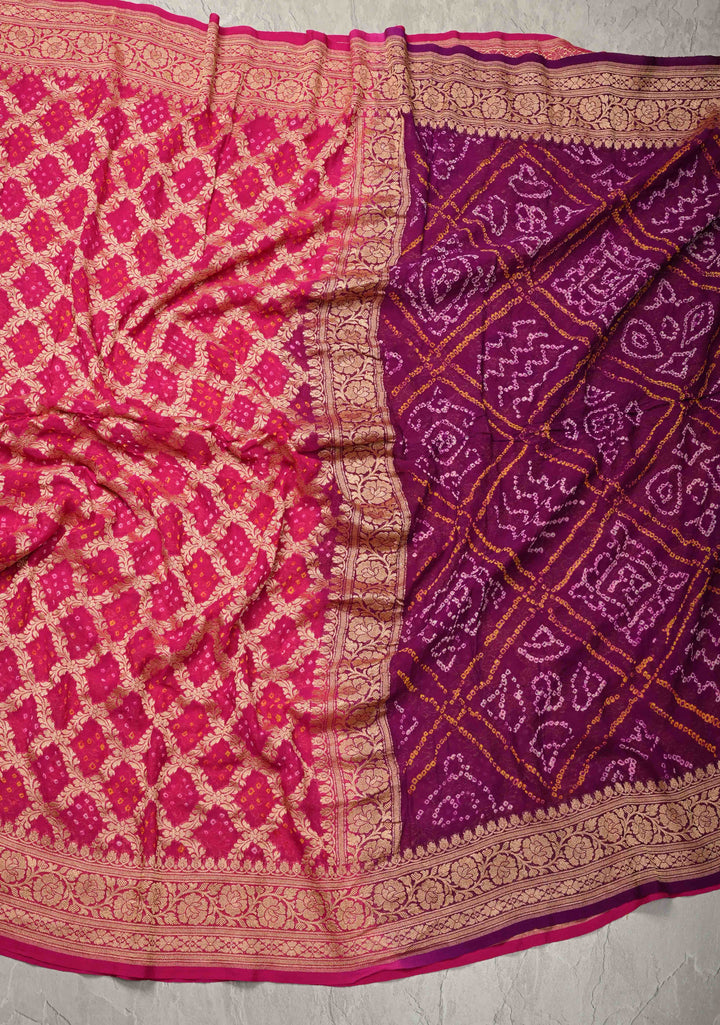 Sarkam Bandhni and Jaal Banarasi Half and Half Pattern pure Silk Georgette Saree in Purple and Pink | SILK MARK CERTIFIED