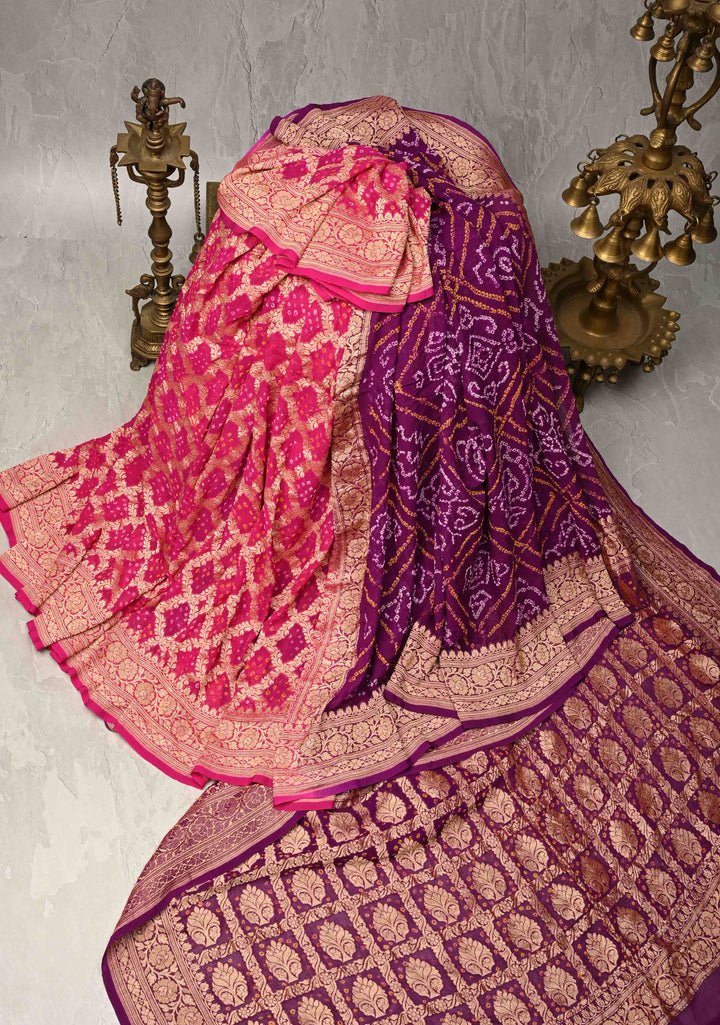Sarkam Bandhni and Jaal Banarasi Half and Half Pattern pure Silk Georgette Saree in Purple and Pink | SILK MARK CERTIFIED