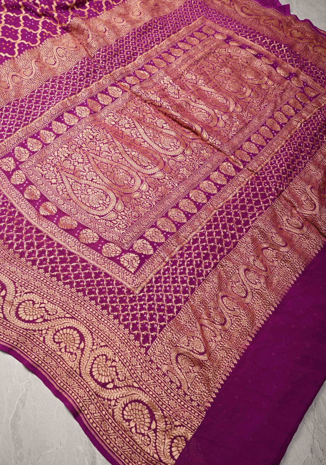 Purple Authentic Hand Bandhej Banarasi Trellis jaal Georgette Silk Saree with Zari border and Koniya Motifs  | SILK MARKED CERTIFIED | SHOBITAM