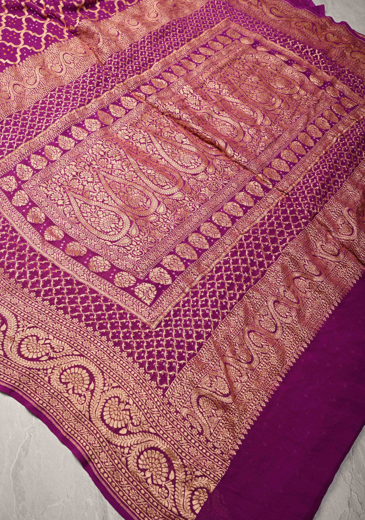 Purple Authentic Hand Bandhej Banarasi Trellis jaal Georgette Silk Saree with Zari border and Koniya Motifs  | SILK MARKED CERTIFIED | SHOBITAM